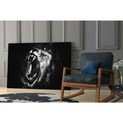 Black and white roaring lion head canvas wall art print