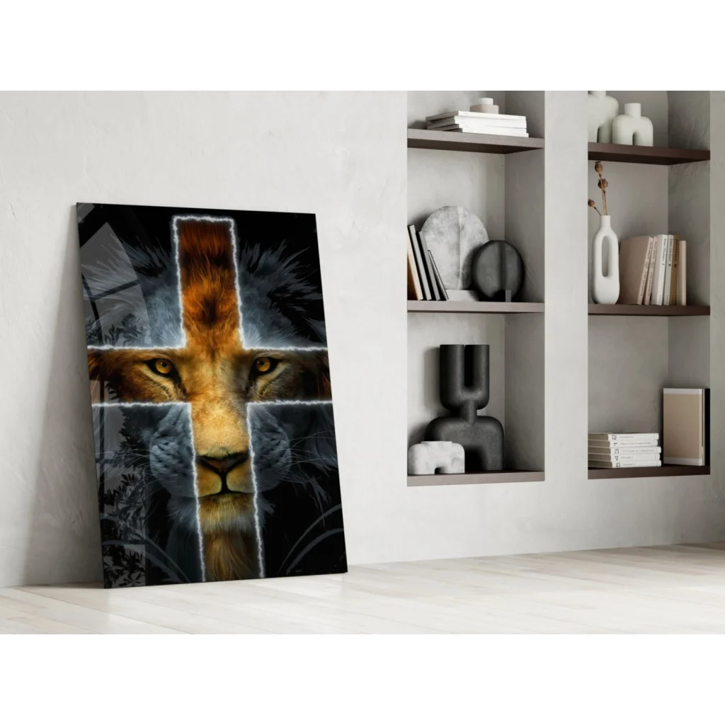 Majestic lion cross glass wall art with glowing white overlay