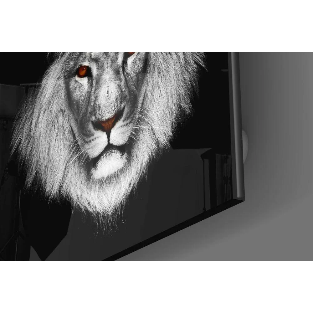 Fierce Lion Glass Wall Art with Glowing Orange Eyes | Modern Wall Art Decor | vintageantiquesgifts.com