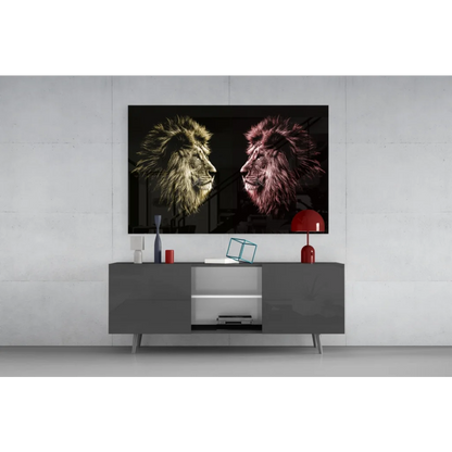 Modern glass wall art of two lion heads on black TV frame