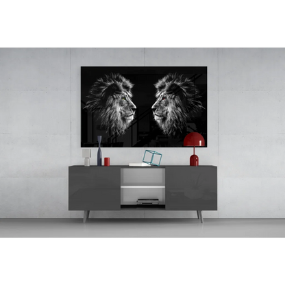 Black-and-white lions on glass wall art with glowing eyes