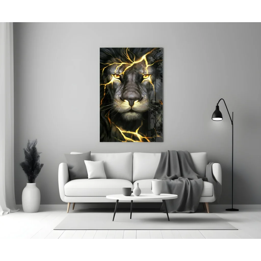Striking black lion glass wall art with golden lightning cracks on face