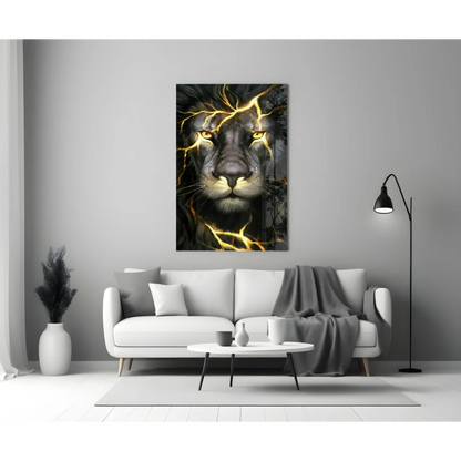 Striking black lion glass wall art with golden lightning cracks on face