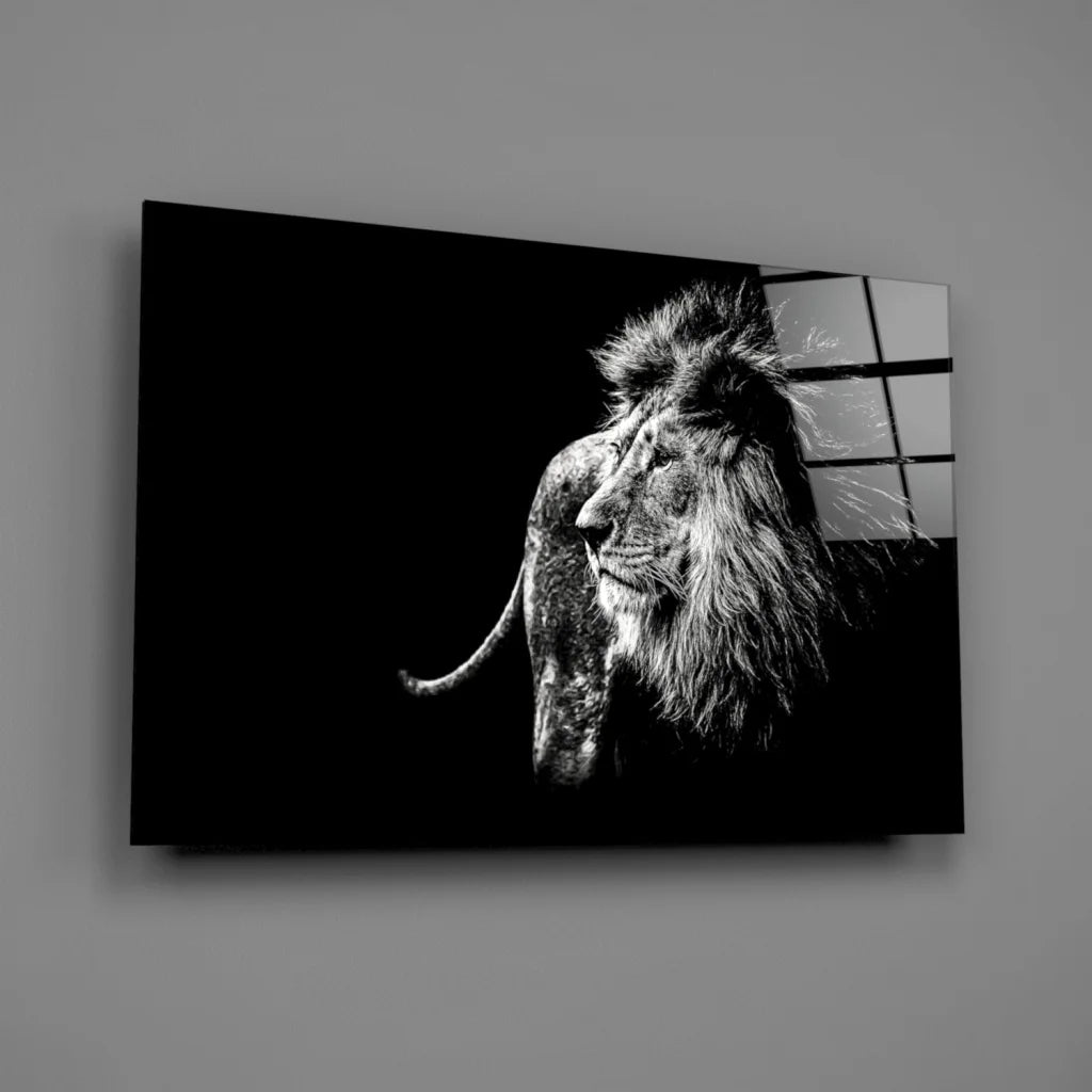 Majestic black-and-white lion glass wall art canvas print on gray wall