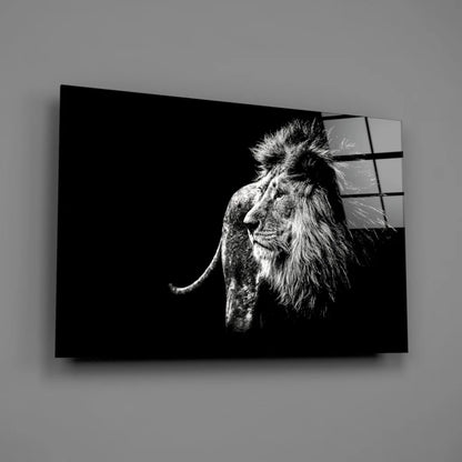 Majestic black-and-white lion glass wall art canvas print on gray wall