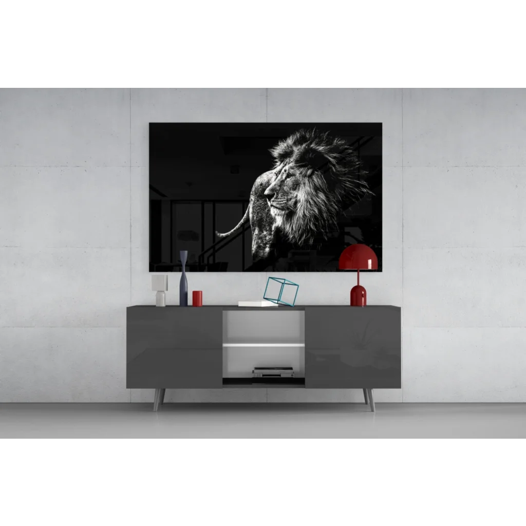 Majestic lion black-and-white glass wall art print above console