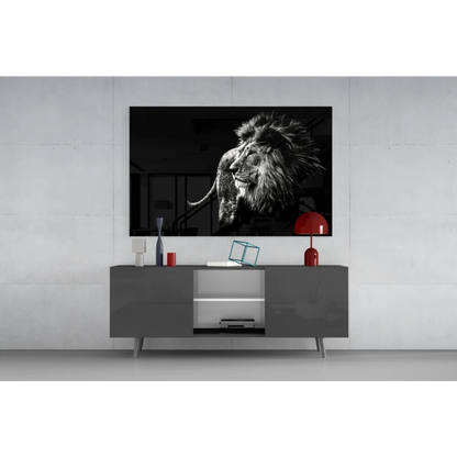 Majestic lion black-and-white glass wall art print above console