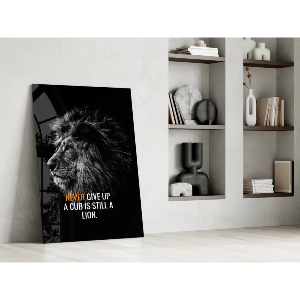 Grayscale lion head canvas wall art print with never give up text