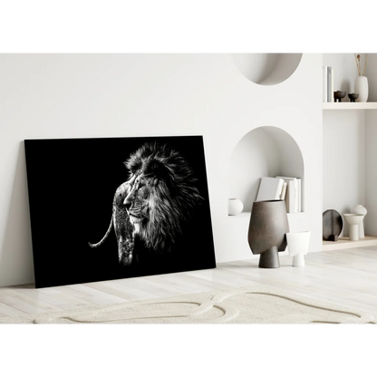 Majestic lion glass wall art: black-and-white canvas print portrait