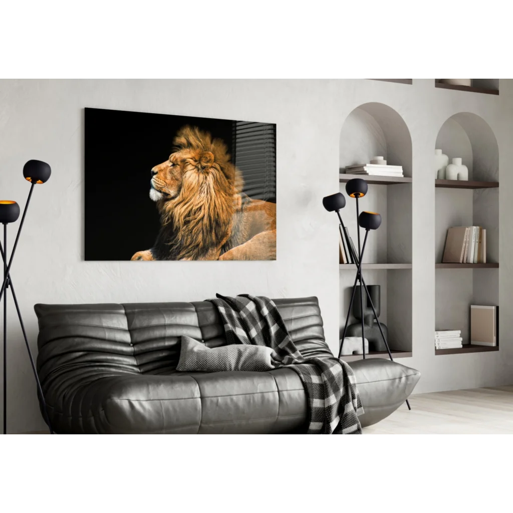 Majestic lion canvas wall art with golden mane on black
