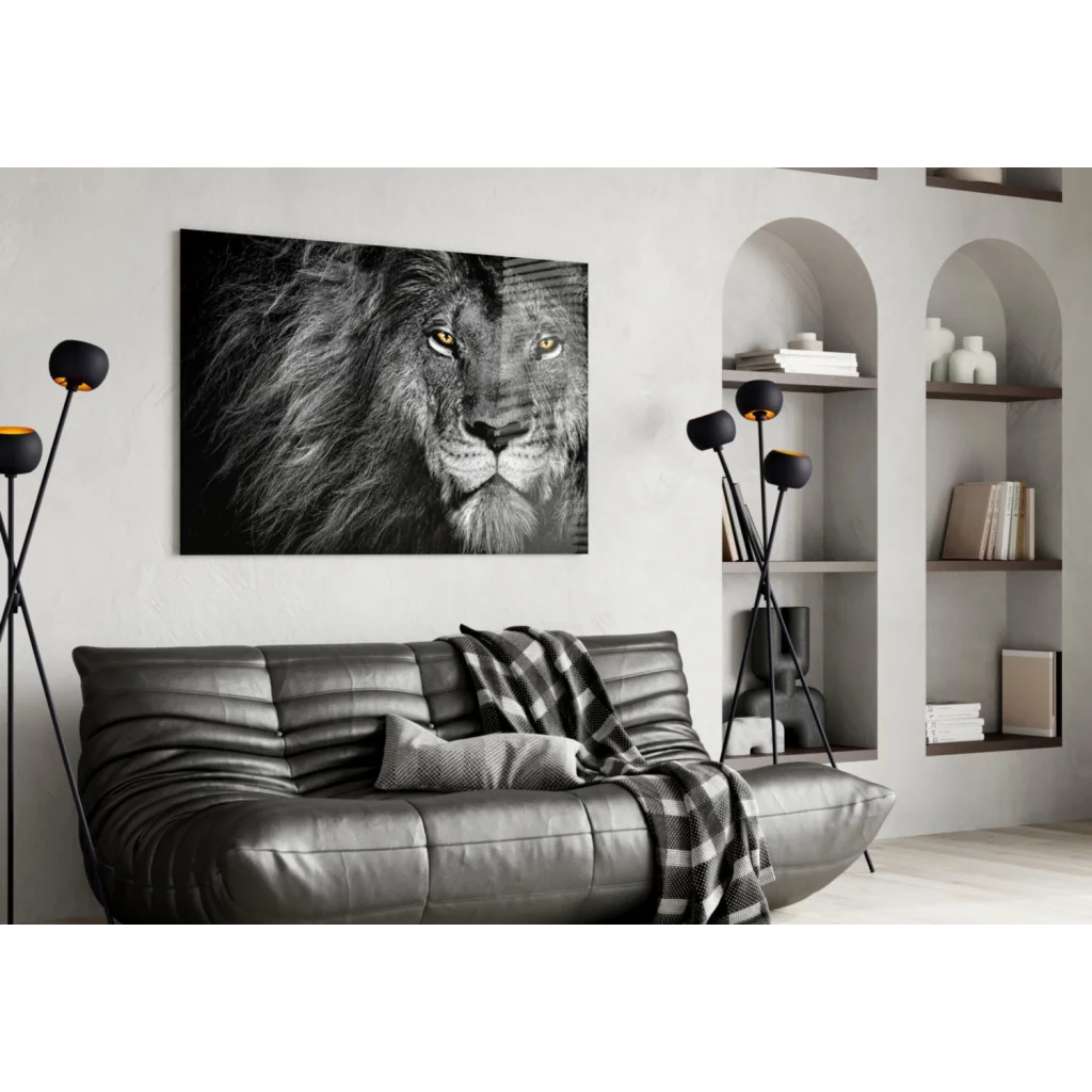 Majestic lion golden eyes black and white canvas wall art