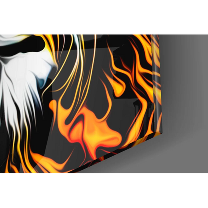 Vibrant glass wall art with orange flames and white streaks on black