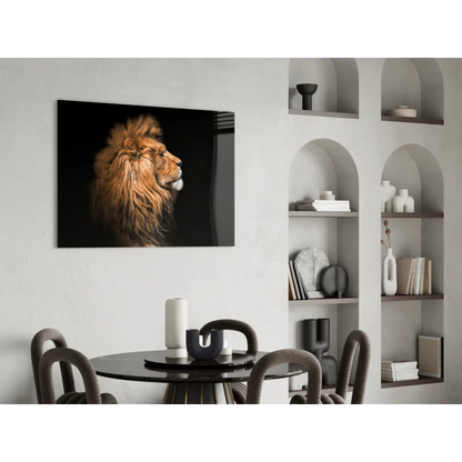 Majestic black-and-gold lion wall art on minimalist white wall