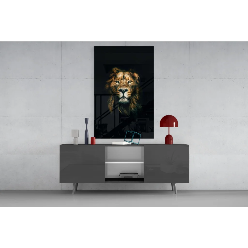Majestic black-and-gold lion glass wall art above gray console