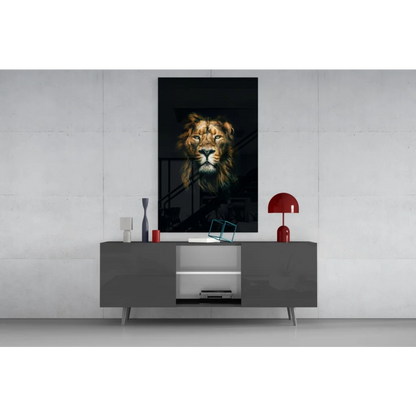 Majestic black-and-gold lion glass wall art above gray console