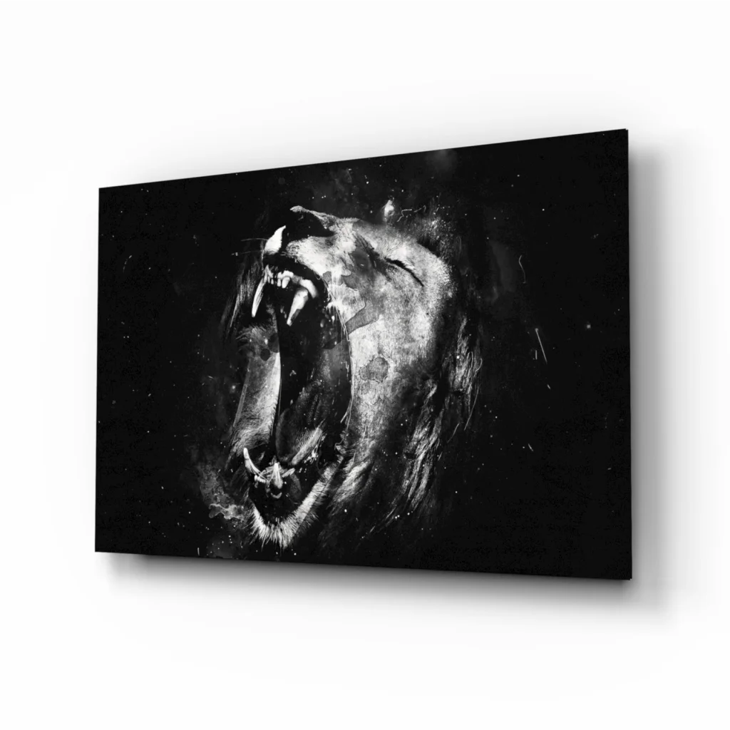 Roaring lion black canvas wall art print with starry background