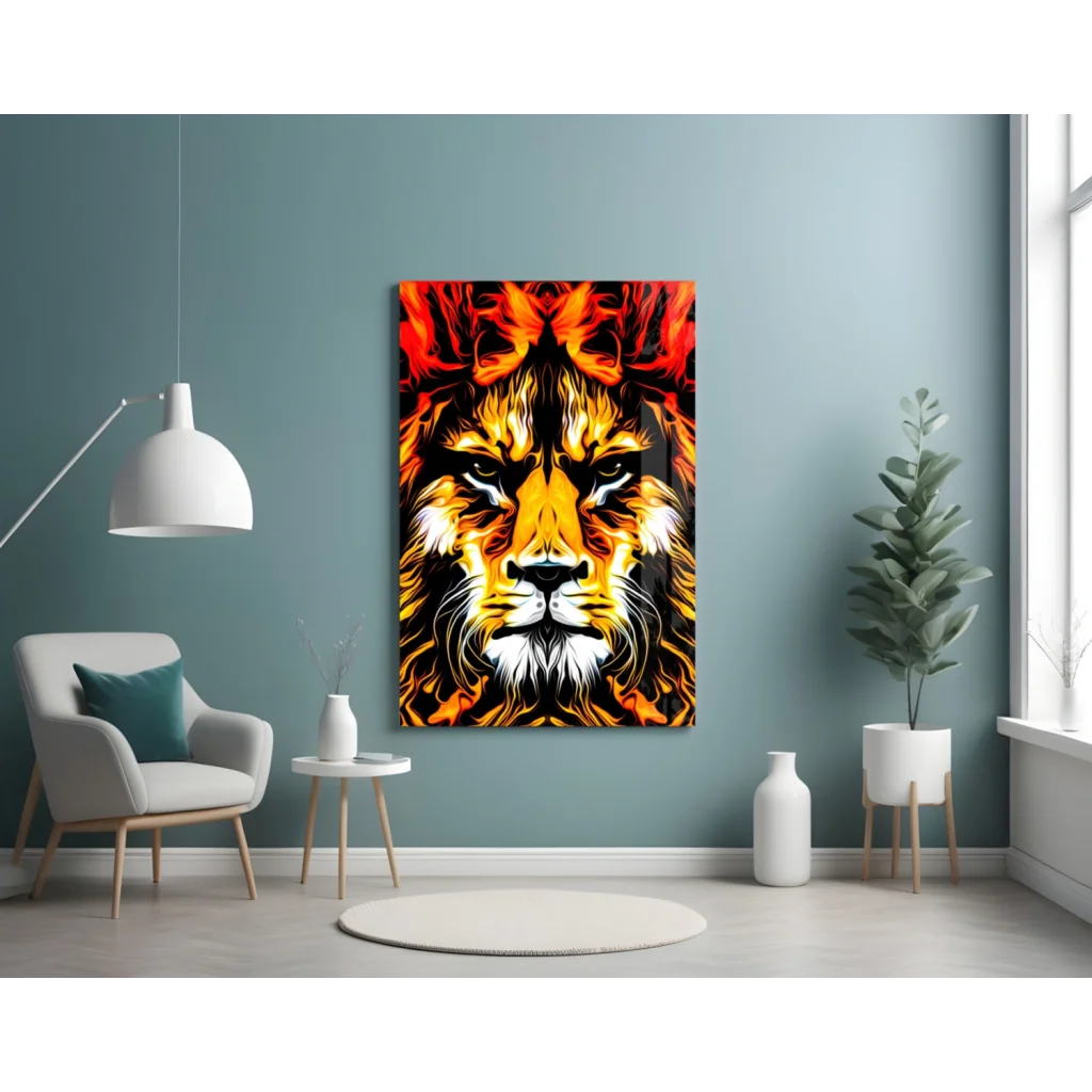 Vibrant flame-themed lion glass wall art in orange, yellow, black hues