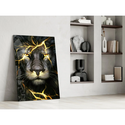Electrified black lion glass wall art with golden lightning cracks and yellow eyes