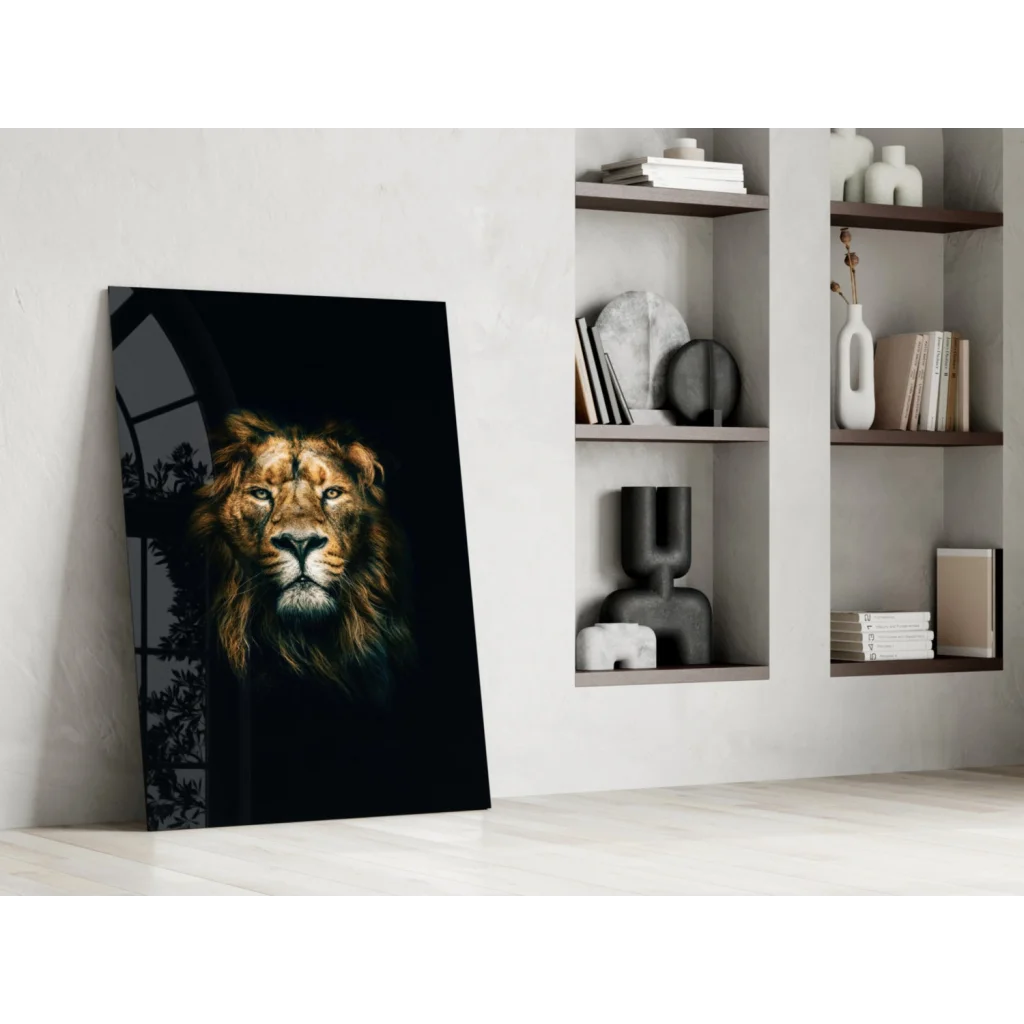 Majestic lion glass wall art with golden details and intense mane