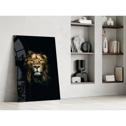 Majestic lion glass wall art with golden details and intense mane