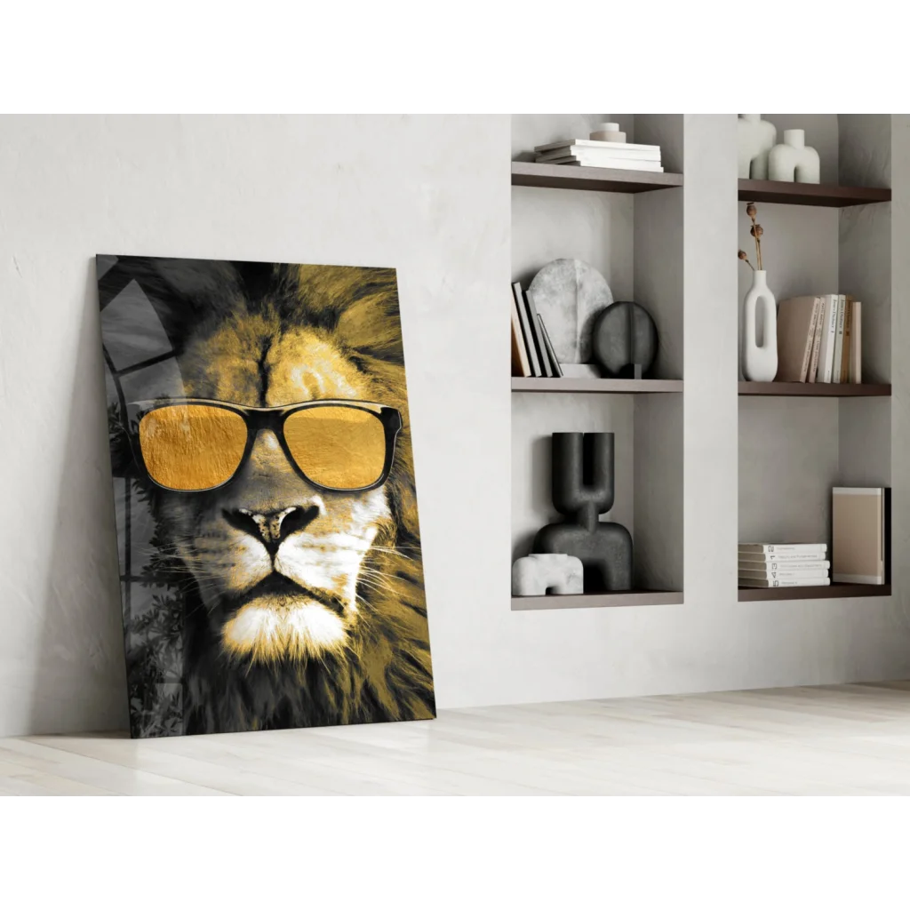 Stylish lion in golden sunglasses on glass wall art print