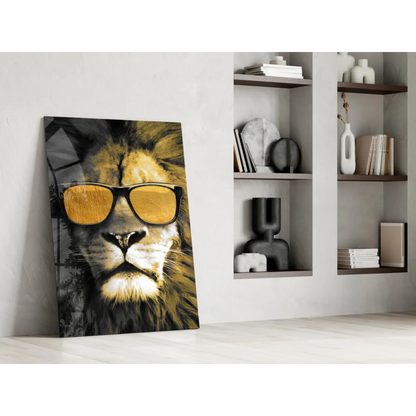 Stylish lion in golden sunglasses on glass wall art print
