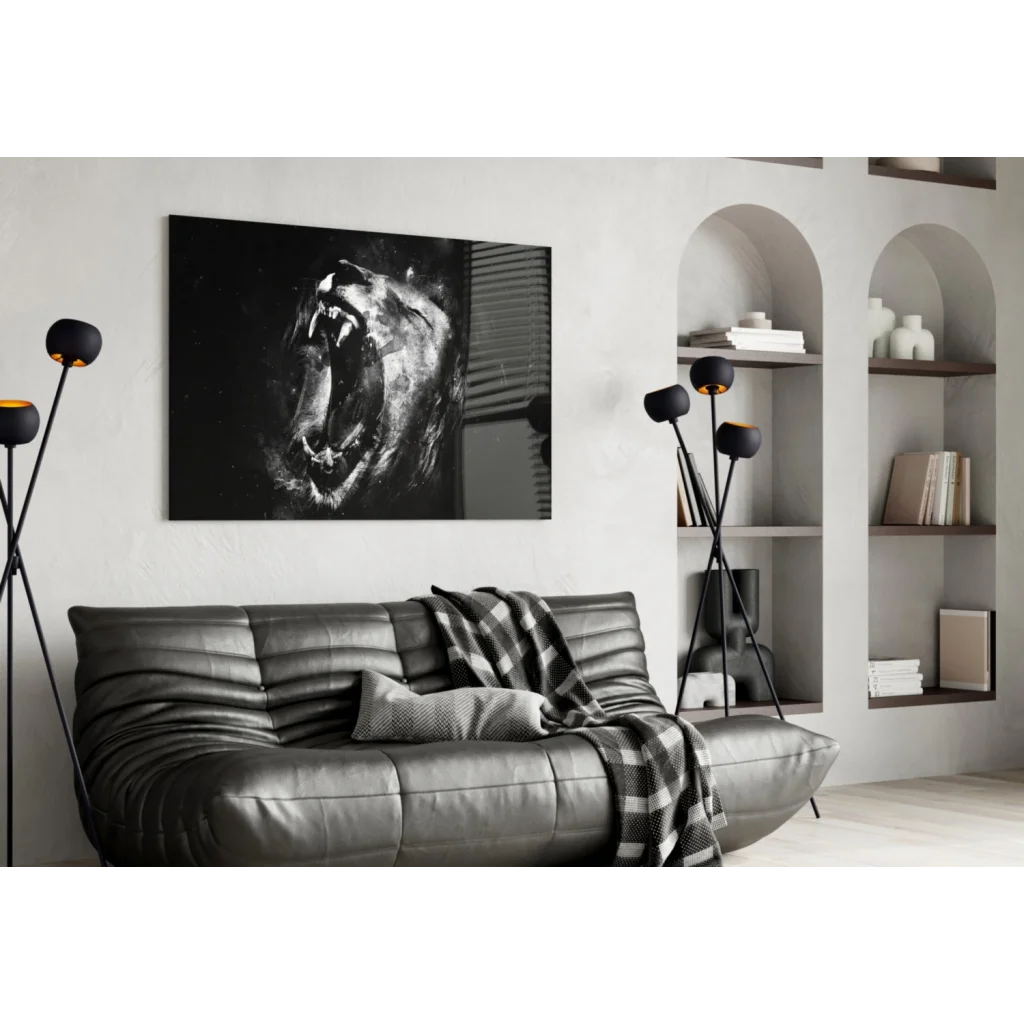 Black and white roaring bear canvas wall art print on wall