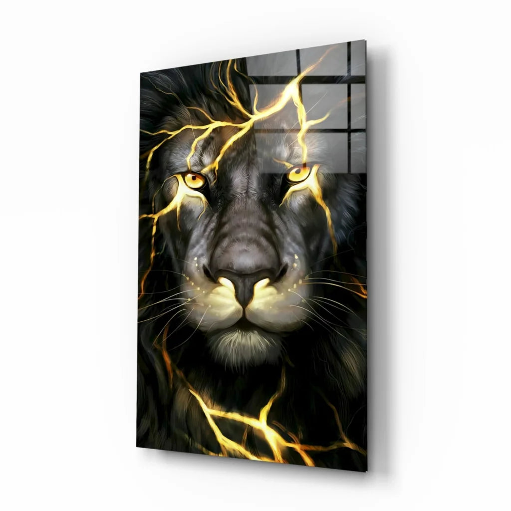 Striking black lion with golden lightning on glass wall art