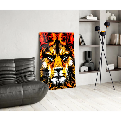 Vibrant flame-themed lion glass wall art print