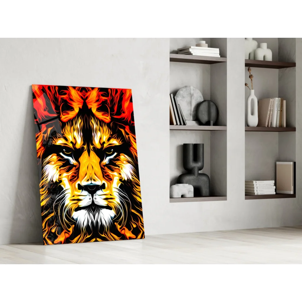 Vibrant fiery lion glass wall art print with swirling flames