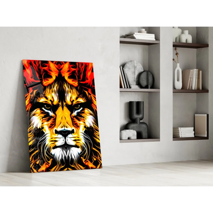 Vibrant fiery lion glass wall art print with swirling flames