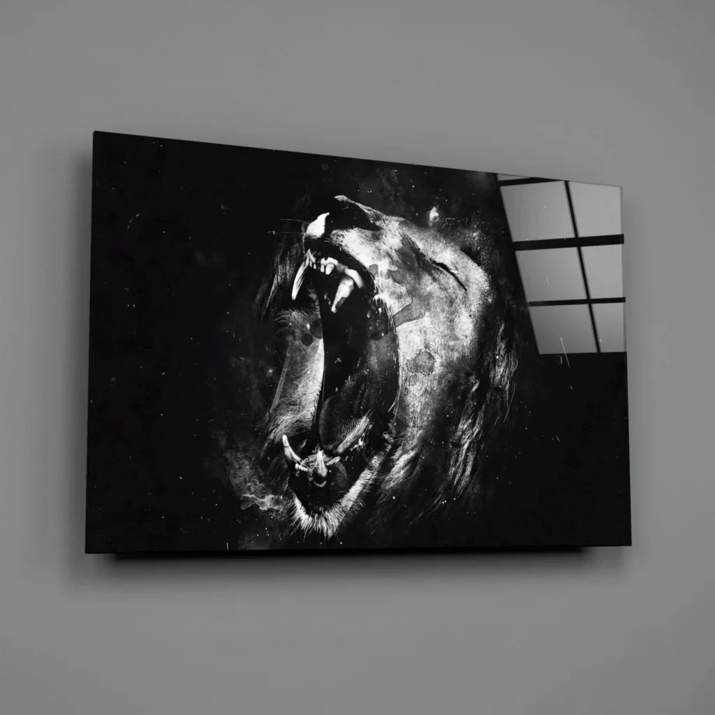 Roaring lion black canvas wall art print with detailed fur texture