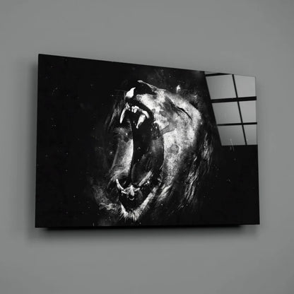 Roaring lion black canvas wall art print with detailed fur texture
