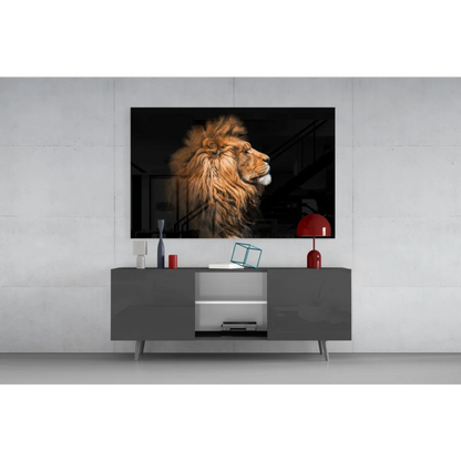 Majestic black-and-gold lion portrait on sleek TV screen wall art