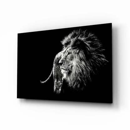 Majestic lion glass wall art canvas print in black and white
