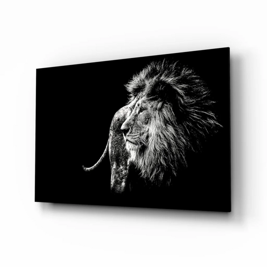 Majestic lion glass wall art canvas print in black and white