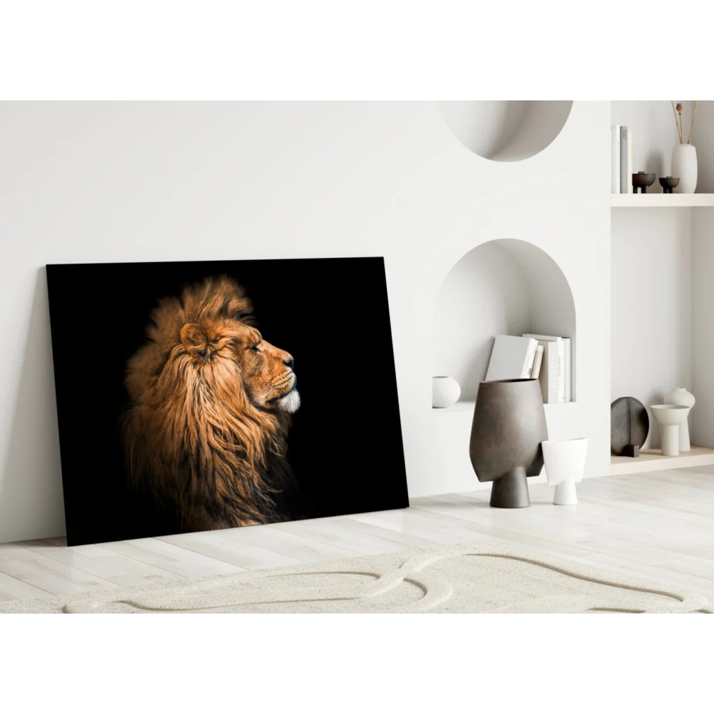 Majestic lion wall art canvas print with golden mane on black background