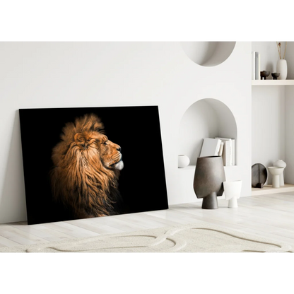 Majestic lion wall art canvas print with golden mane on black background