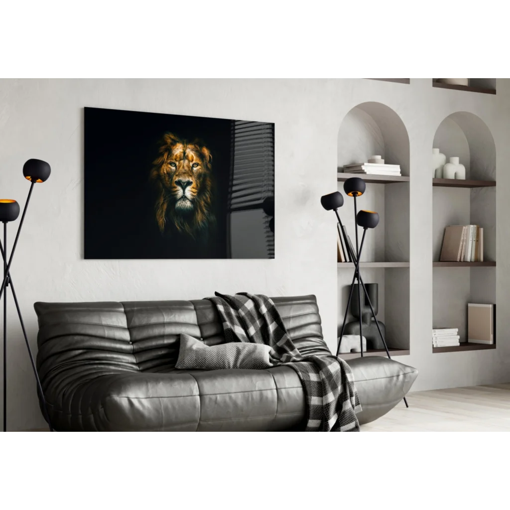 Majestic golden lion king canvas wall art print in black frame