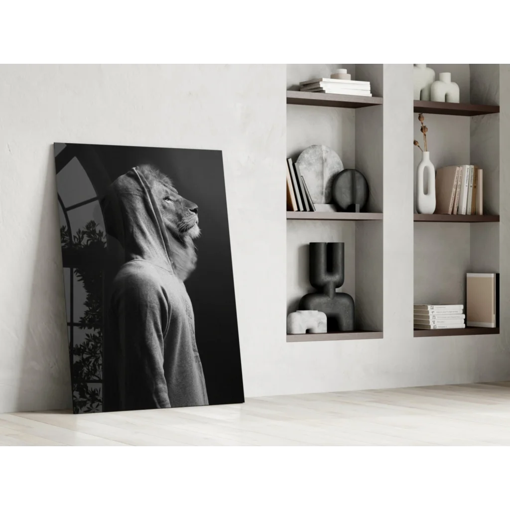 Black and white hooded lion canvas wall art portrait