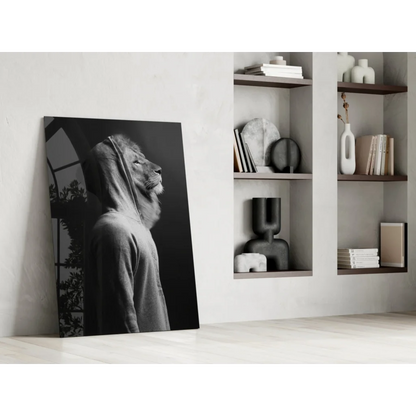 Black and white hooded lion canvas wall art portrait