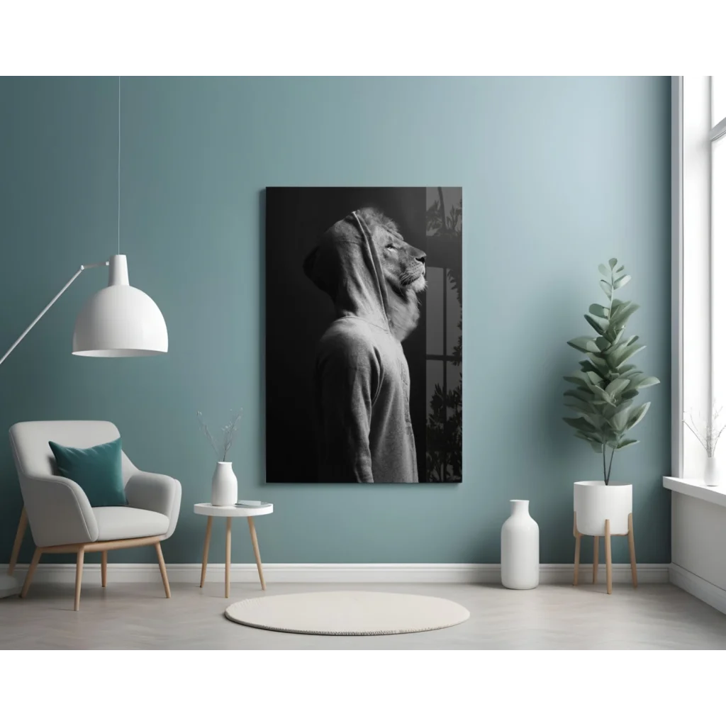 Black and white hooded lion canvas wall art on teal wall