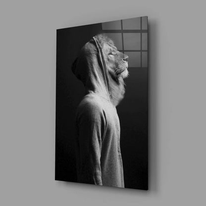 Black-and-white hooded lion portrait canvas wall art on display