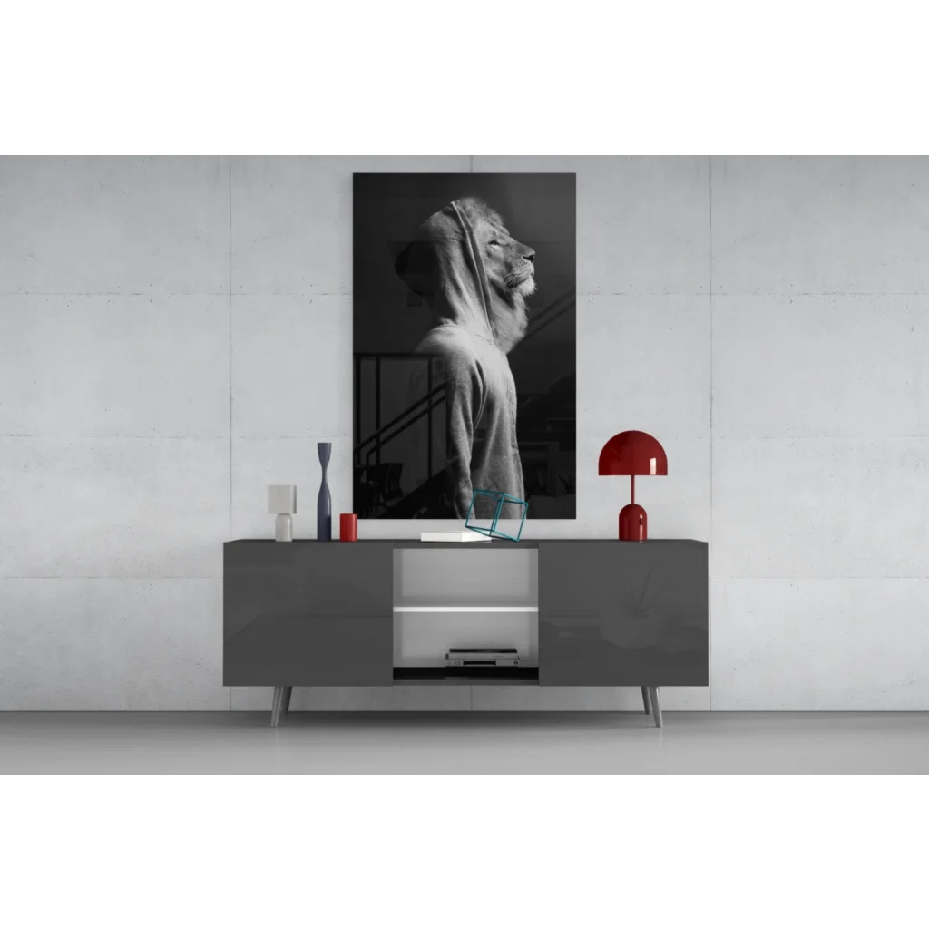 Black and white hooded lion canvas wall art on gray table