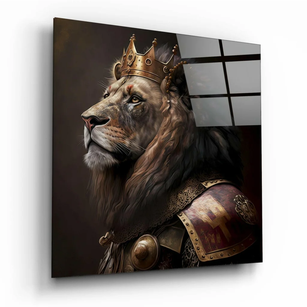Regal Lion King Glass Wall Art with Golden Crown Armor | Insigneart USA | vintageantiquesgifts.com
