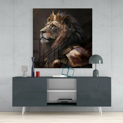 Regal Lion King Glass Wall Art with Golden Crown Armor | Contemporary Home Wall Art | vintageantiquesgifts.com