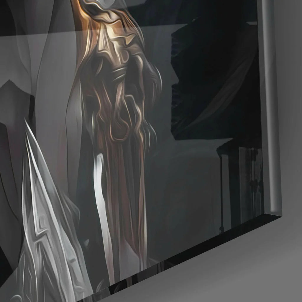 Stylized glass wall art print of elongated figure with golden hair on dark background