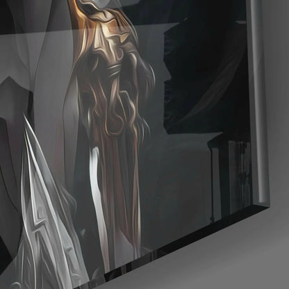 Stylized glass wall art print of elongated figure with golden hair on dark background