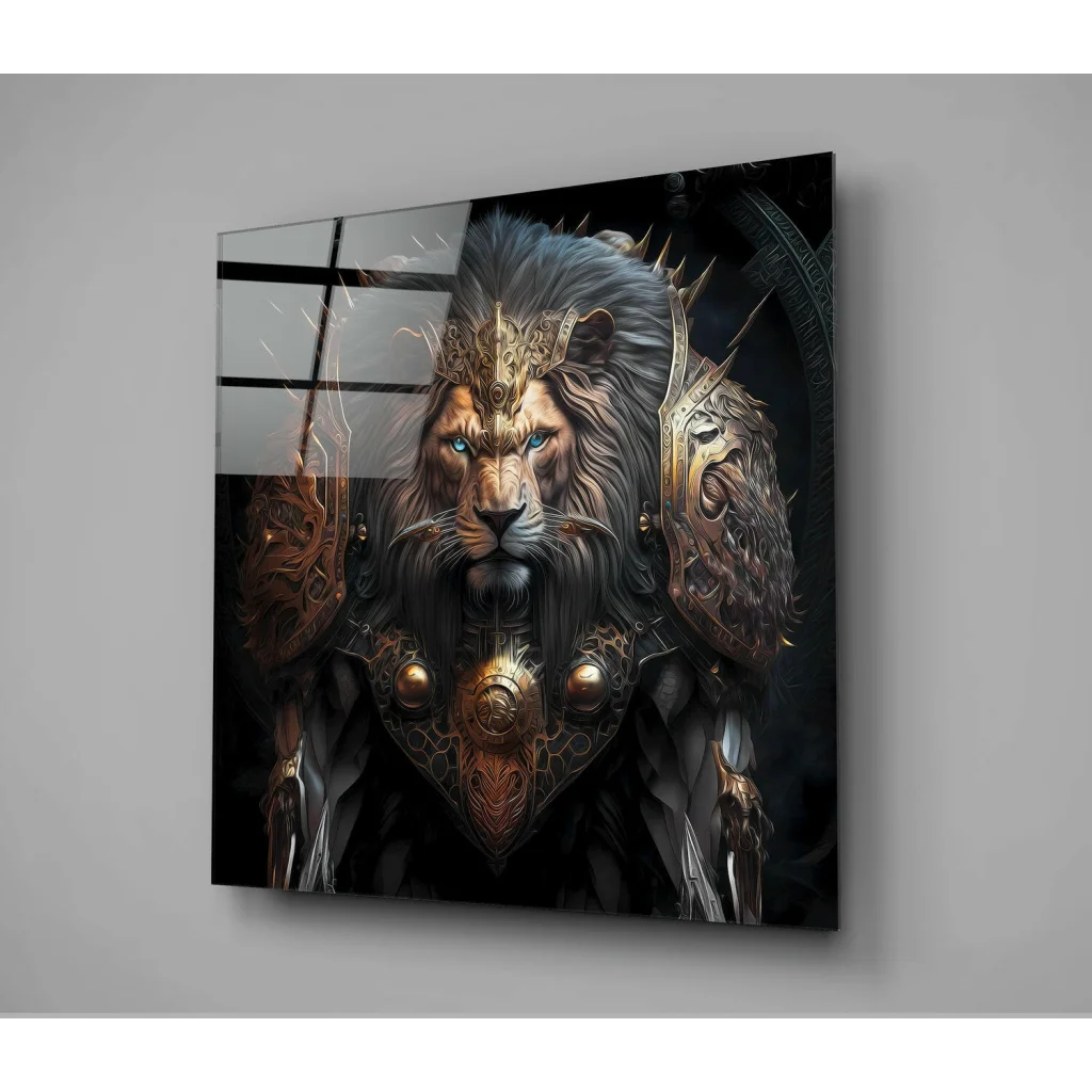 Majestic lion in golden armor glass wall art print