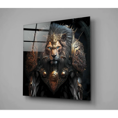 Majestic lion in golden armor glass wall art print